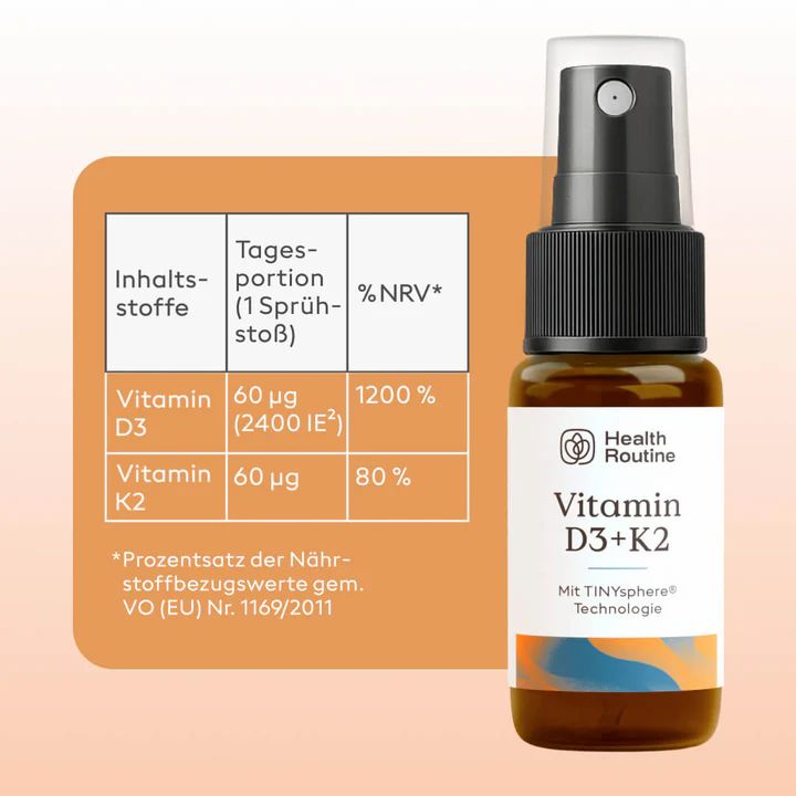 Braune Sprühflasche. Aufschrift: Vitamin D3+K2. Logo: Health Routine. Mit TINYsphere Technologie. Tabelle mit Inhaltsstoffen und %NRV. Orangefarbener Hintergrund.
