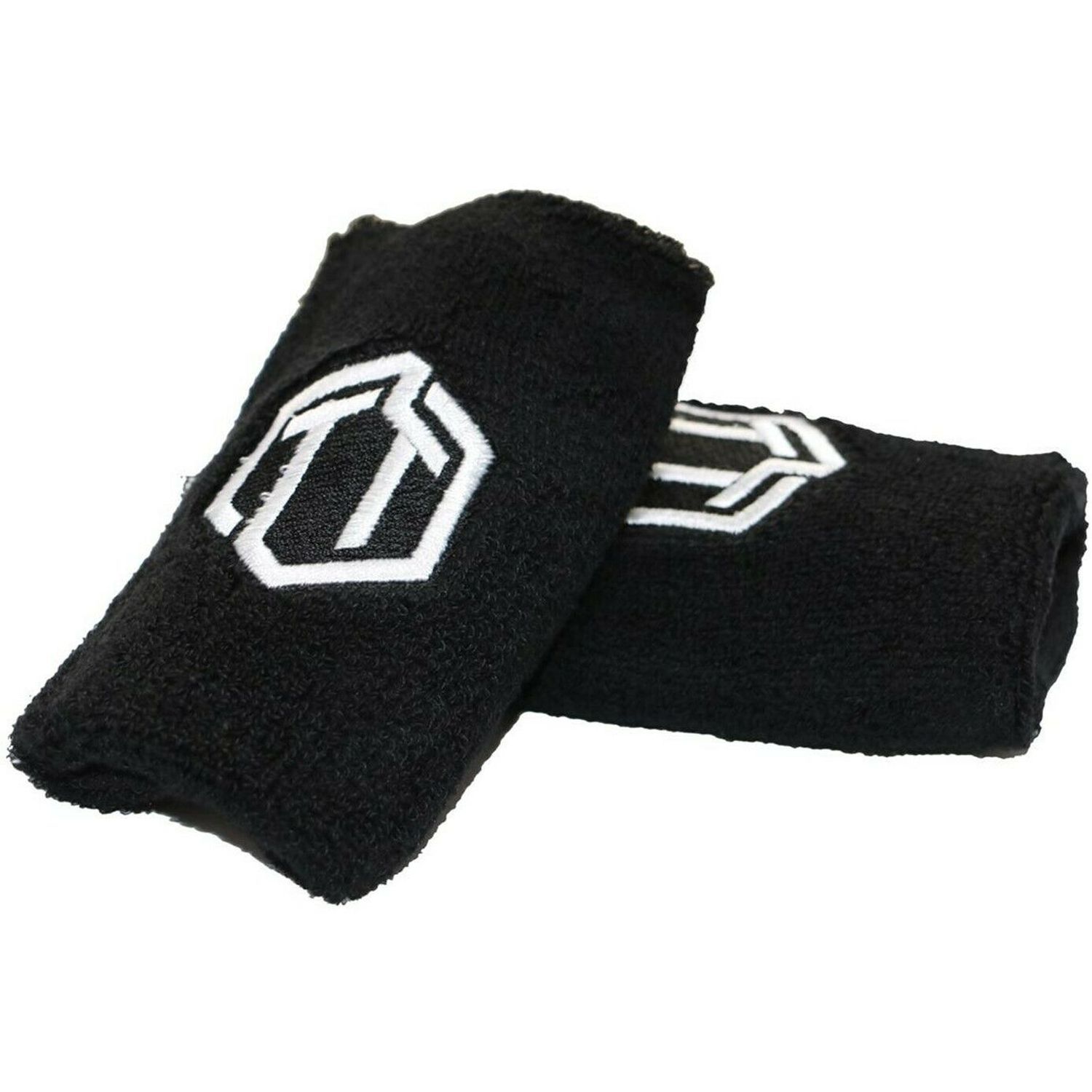 Zwei schwarze Handgelenkschützer mit weißem Logo. Weiches Material, Logo-Stickerei.