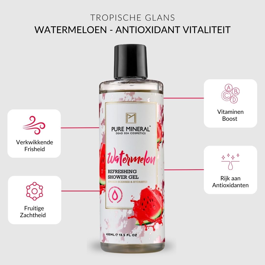 Douchegelfles met zwarte dop. Tekst: Pure Mineral, Watermeloen, verfrissende douchegel. Met vitaminen en antioxidanten.