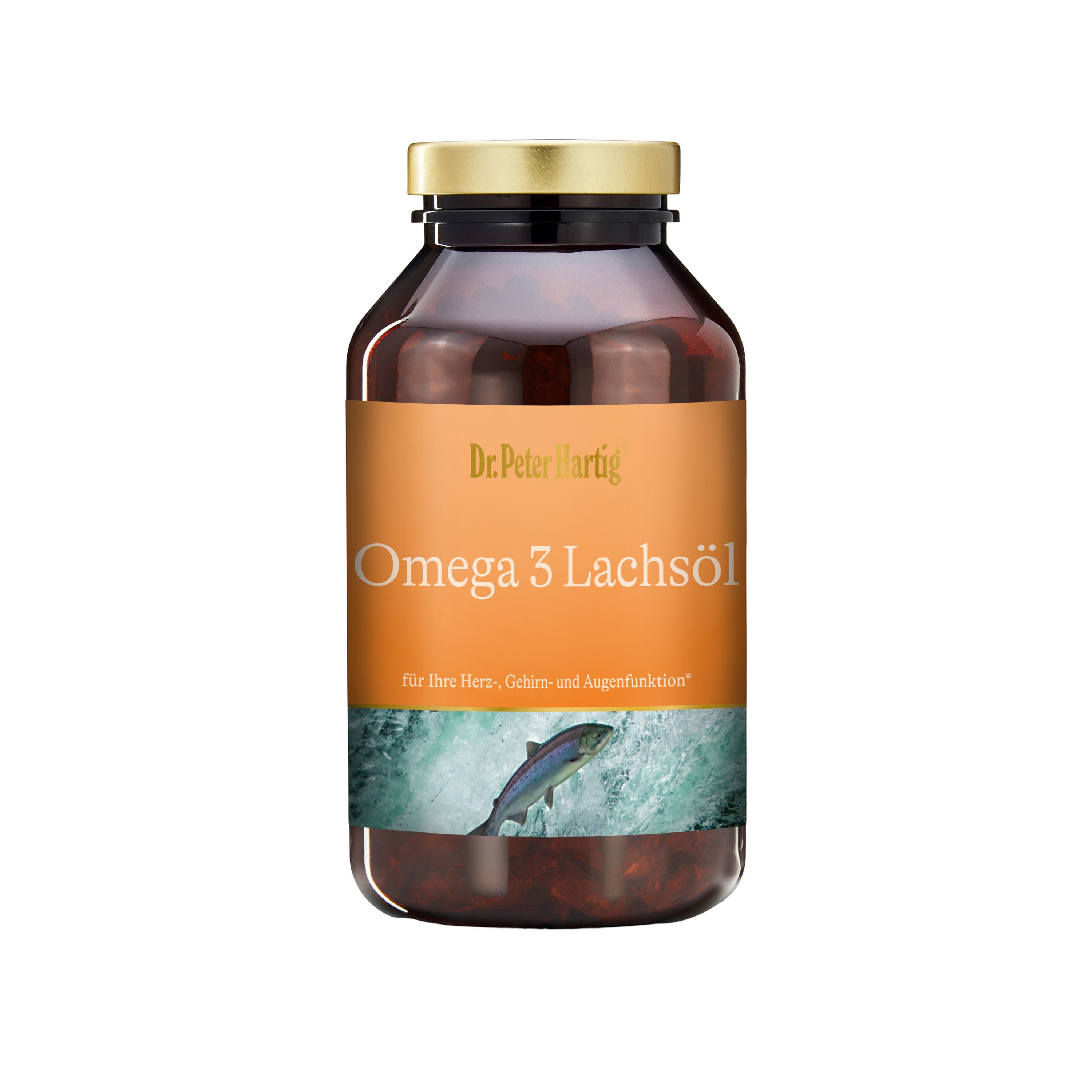 Braune Flasche mit goldfarbenem Deckel. Aufschrift: Dr. Peter Hartig Omega 3 Lachsöl. Abbildung eines Fisches.
