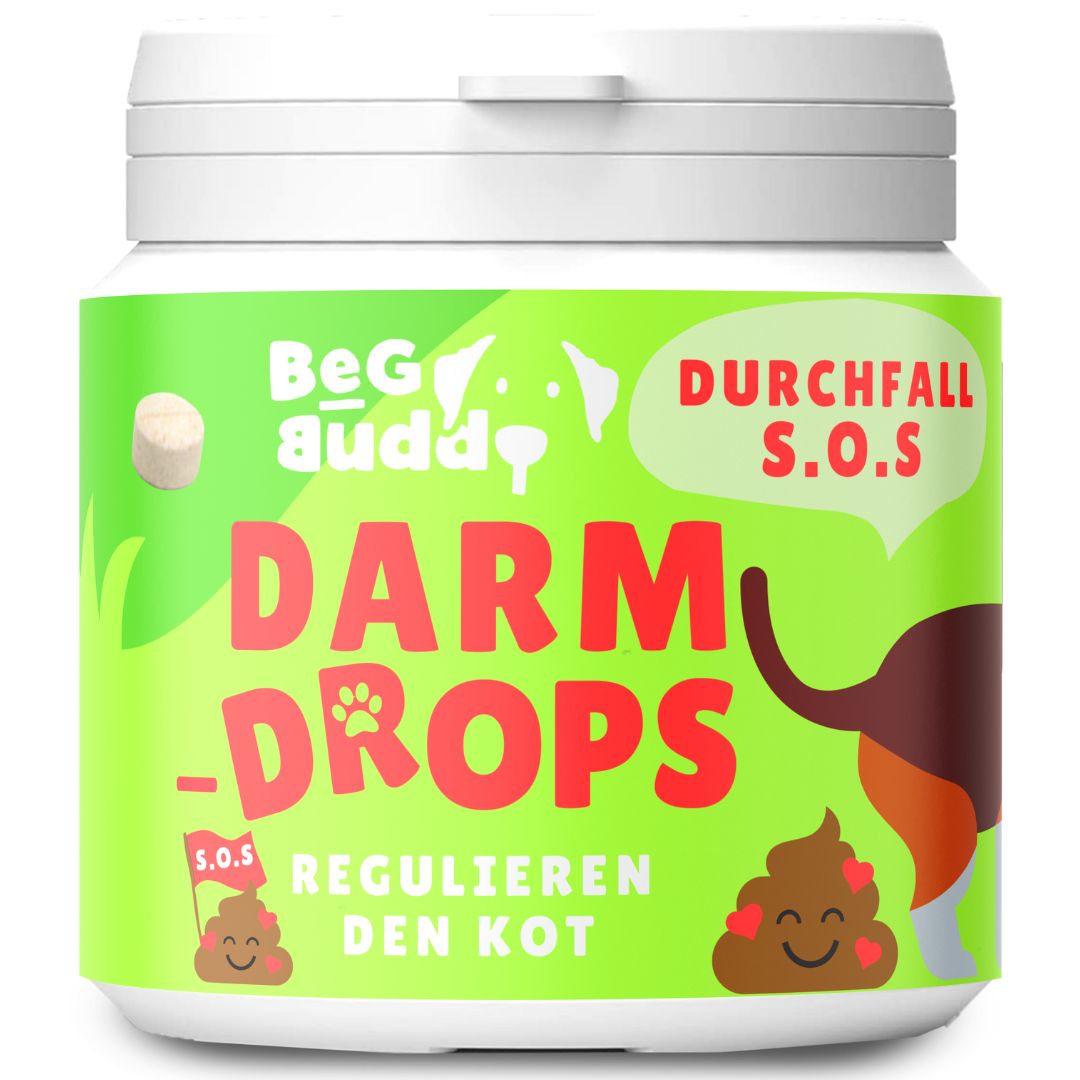 Weißes Behältnis mit grünem Etikett. Aufschrift: Darm-Drops, Durchfall S.O.S. Cartoon-Hund und Kot-Emojis.