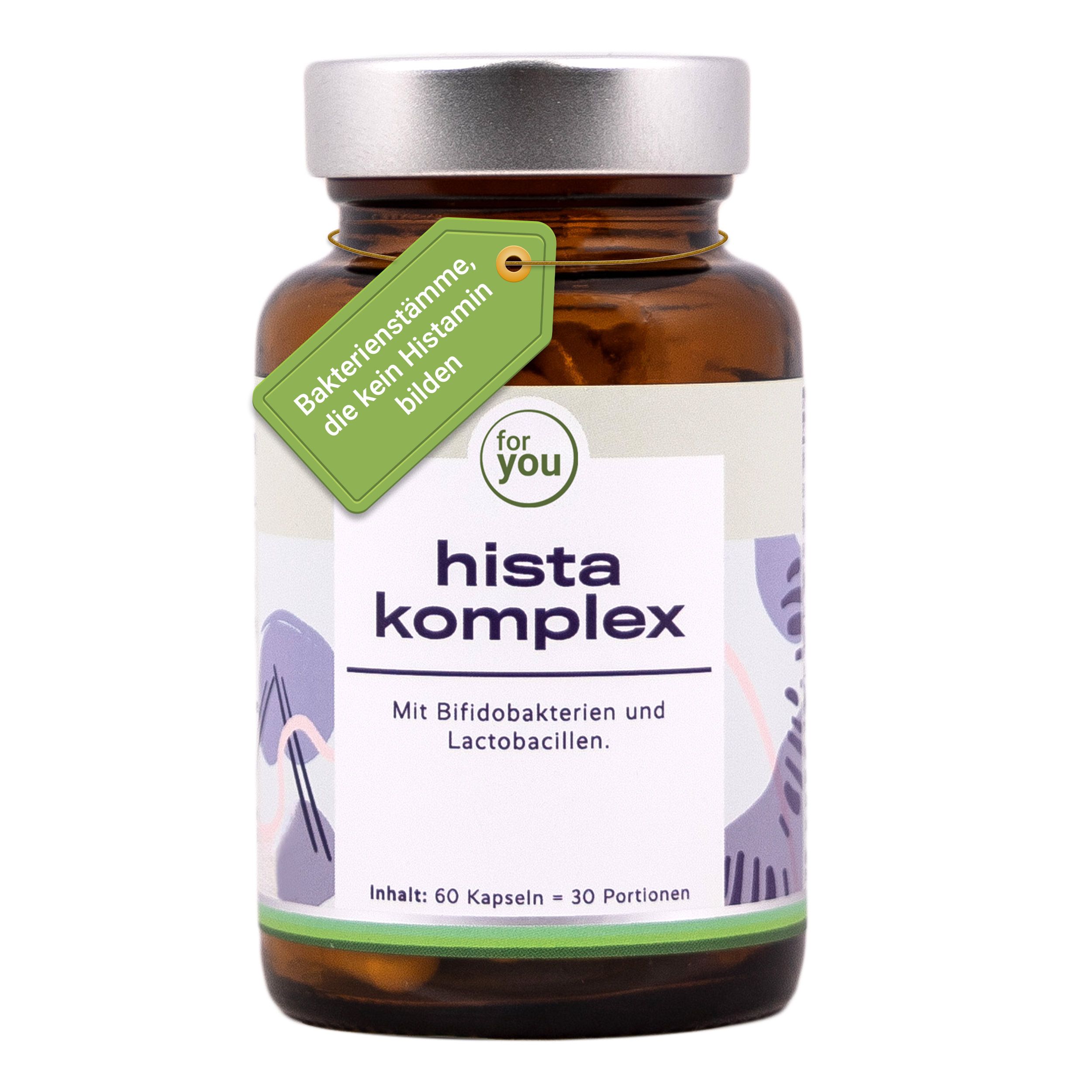 Hista Komplex Flasche mit Etikett und Anhänger, der 'Bakterienstämme, die kein Histamin bilden' angibt.