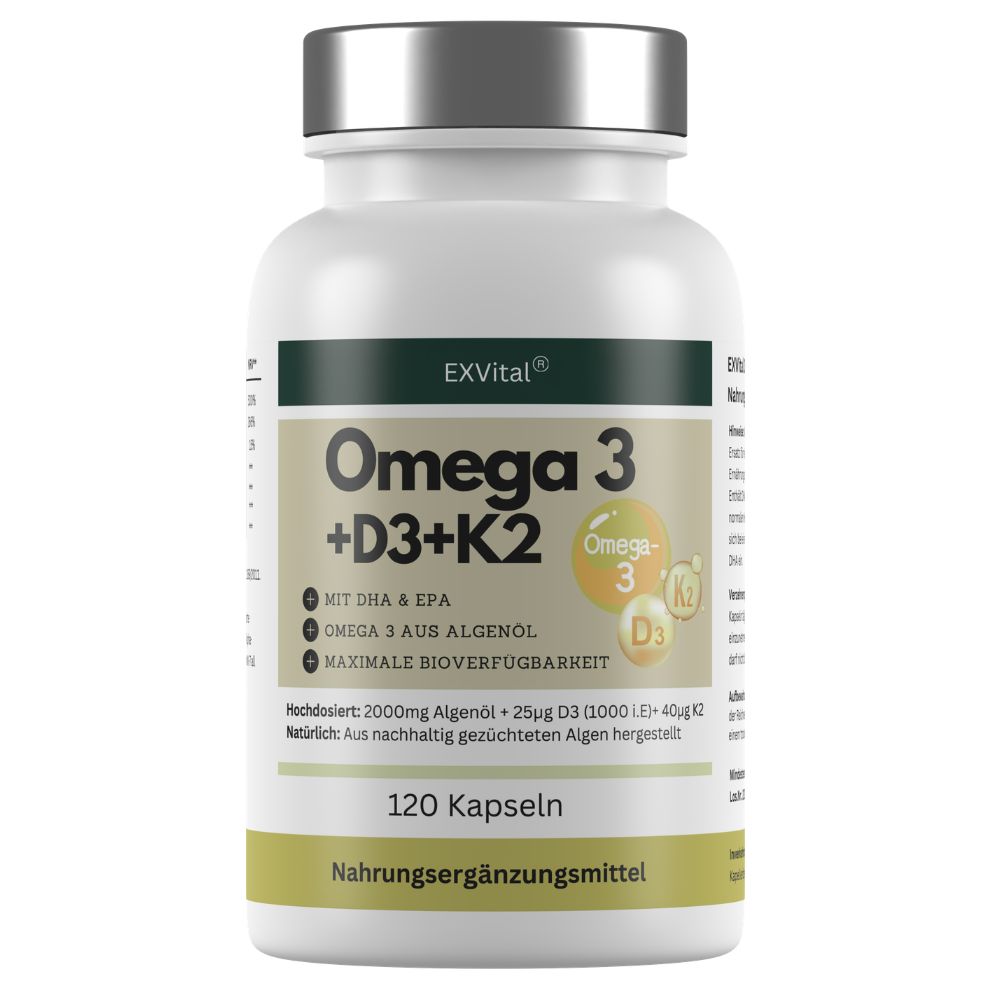 EXVital® Omega 3 + D3 & K2 Kapseln aus Algenöl, hochdosiert vegan 183 g