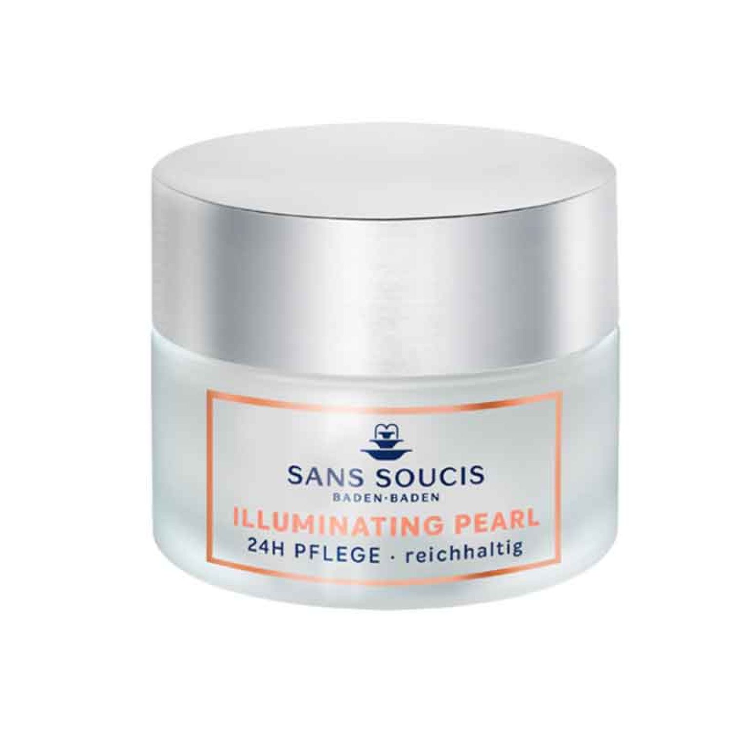 Creme-Tiegel mit Deckel. Aufschrift: SANS SOUCIS, ILLUMINATING PEARL, 24h Pflege. Weißes Glas, silberner Deckel, rosafarbener Rahmen.