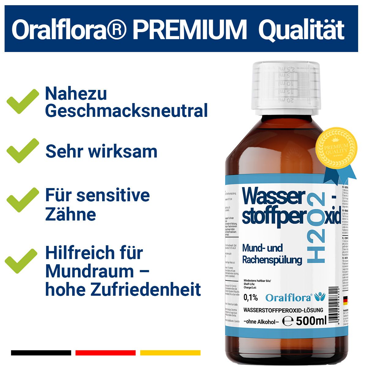 Braune Flasche mit weißem Deckel. Beschriftung: Wasserstoffperoxid H2O2, Mund- und Rachenspülung, 0,1% Oralflora. Mit Qualitätsauszeichnung.
