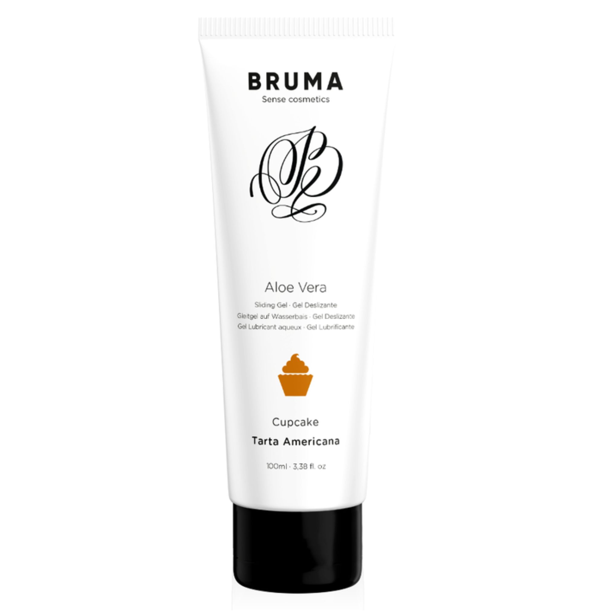Weiße Tube mit schwarzem Deckel. Aufschrift BRUMA, Aloe Vera, Cupcake, Tarta Americana. 100ml.