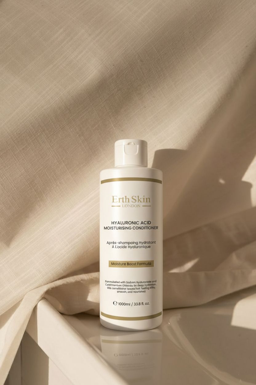 Weiße Flasche ErthSkin London Hyaluronsäure Feuchtigkeits-Conditioner, 1000ml.