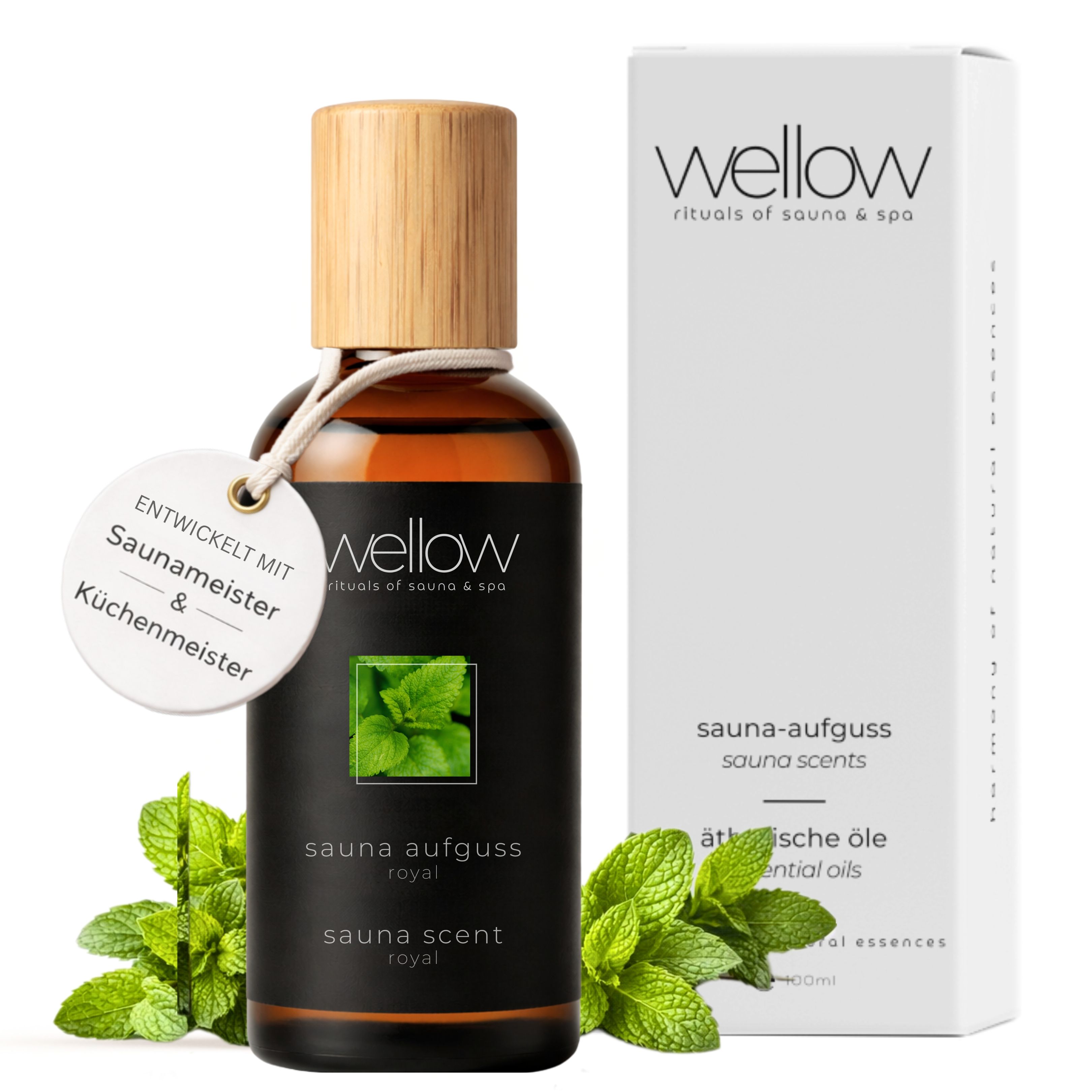 Braune Glasflasche mit Holzverschluss, Label. Text: Wellow Sauna-Aufguss Royal, Sauna Scent Royal. Mit Minze.