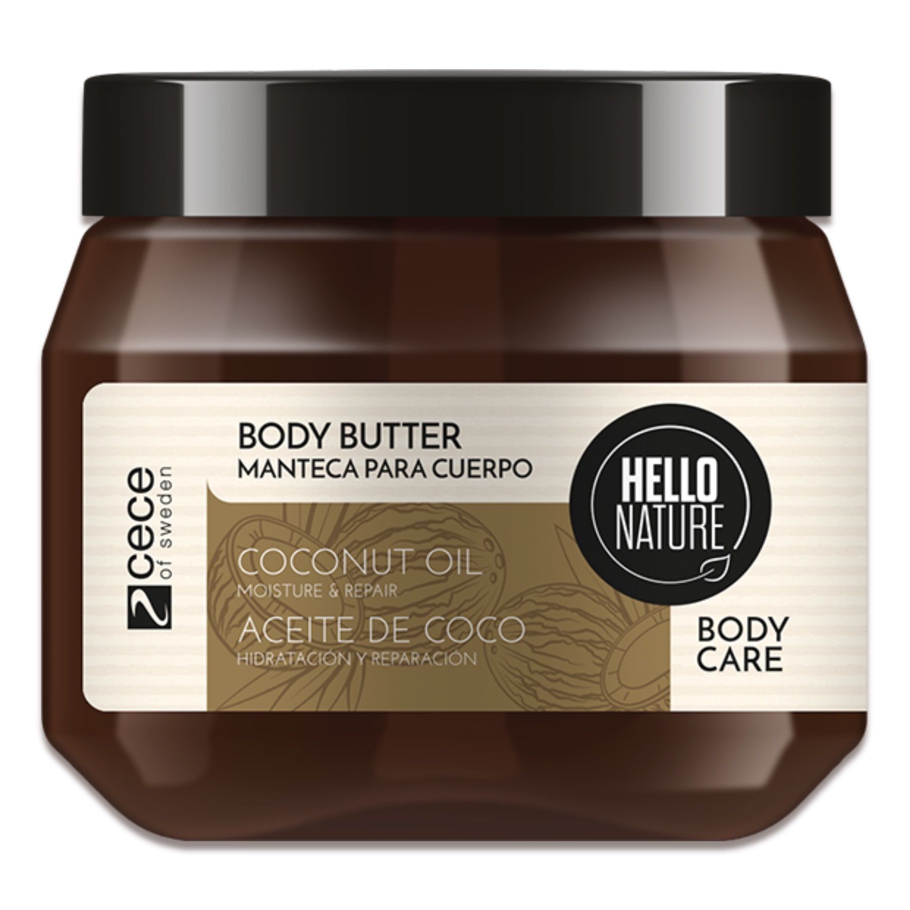 Brauner Tiegel mit Body Butter. Aufschrift: Body Butter, Kokosöl. Logo Hello Nature. Schwarzer Deckel.