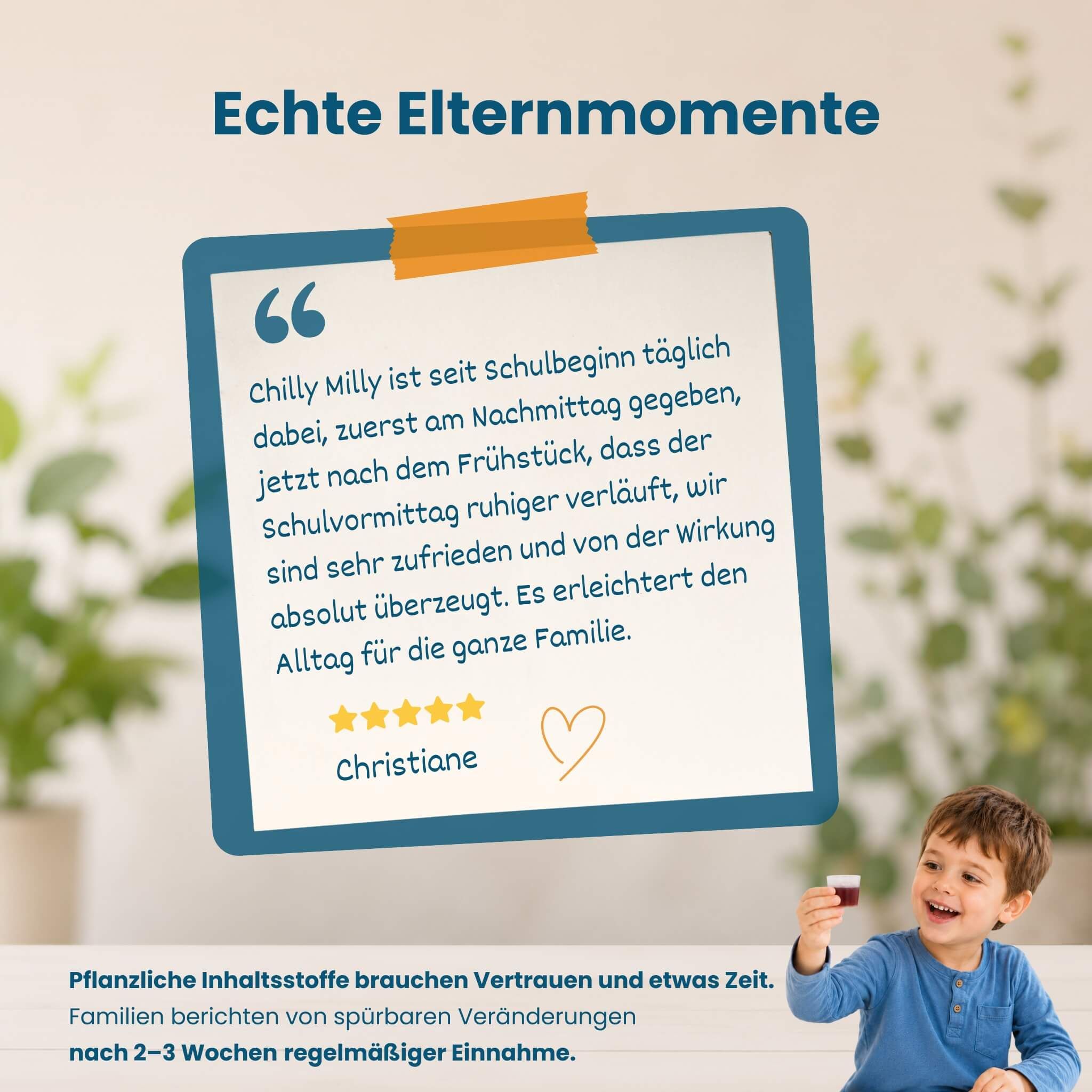 Elternzitat über die positive Wirkung von Chilly Milly auf das Kind, mit Sternenbewertung.
