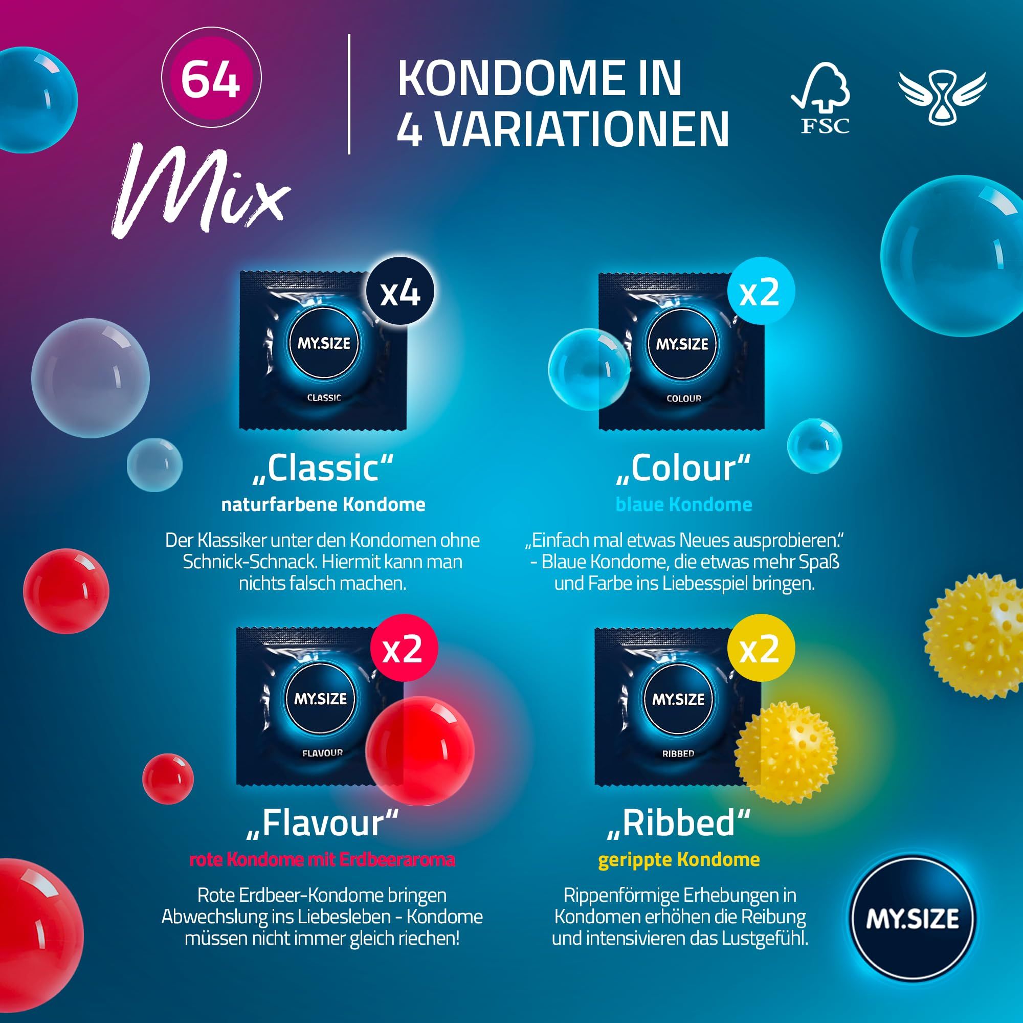 MY.SIZE Mix Kondom-Packung mit 10 Stück, 64mm Breite. Enthält Classic, Colour, Ribbed und Flavour Varianten.