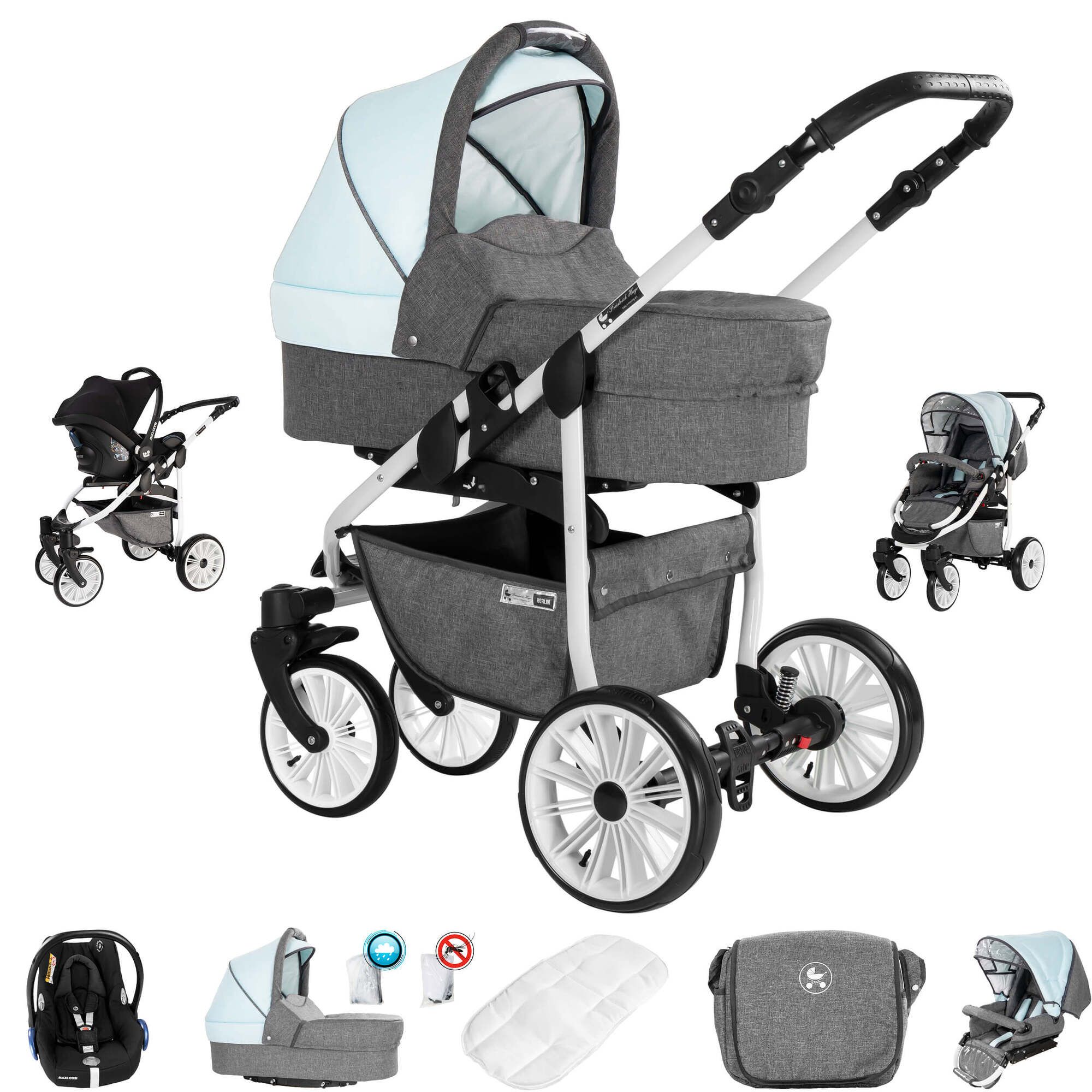 Kinderwagen mit grauem Stoff, hellblauem Verdeck und weißen Rädern. Mehrere Ansichten.