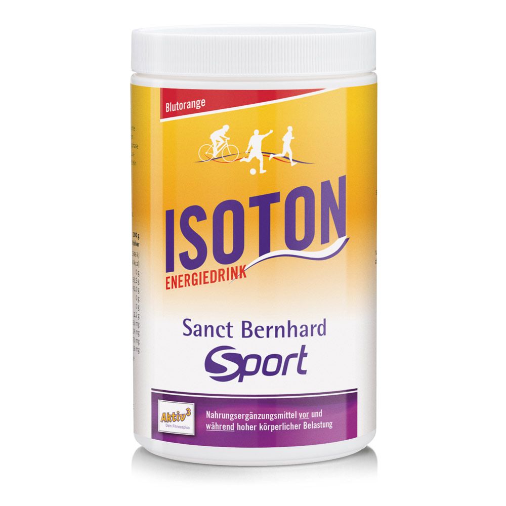 Zylinderförmige Dose mit Etikett. "ISOTON ENERGIE DRINK" und "Sanct Bernhard Sport" Schriftzug. Blutorange-Geschmack.
