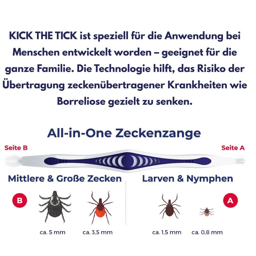 Zeckenzange. Zwei Enden für verschiedene Zeckengrößen. Text: Kick the Tick.
