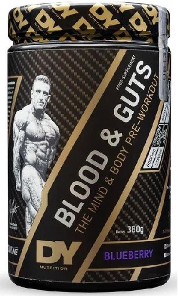 Dose DY Nutrition Blood & Guts, Pre-Workout-Nahrungsergänzungsmittel. Schwarze Dose mit goldfarbenen Akzenten, Text und einem Bild eines Mannes.