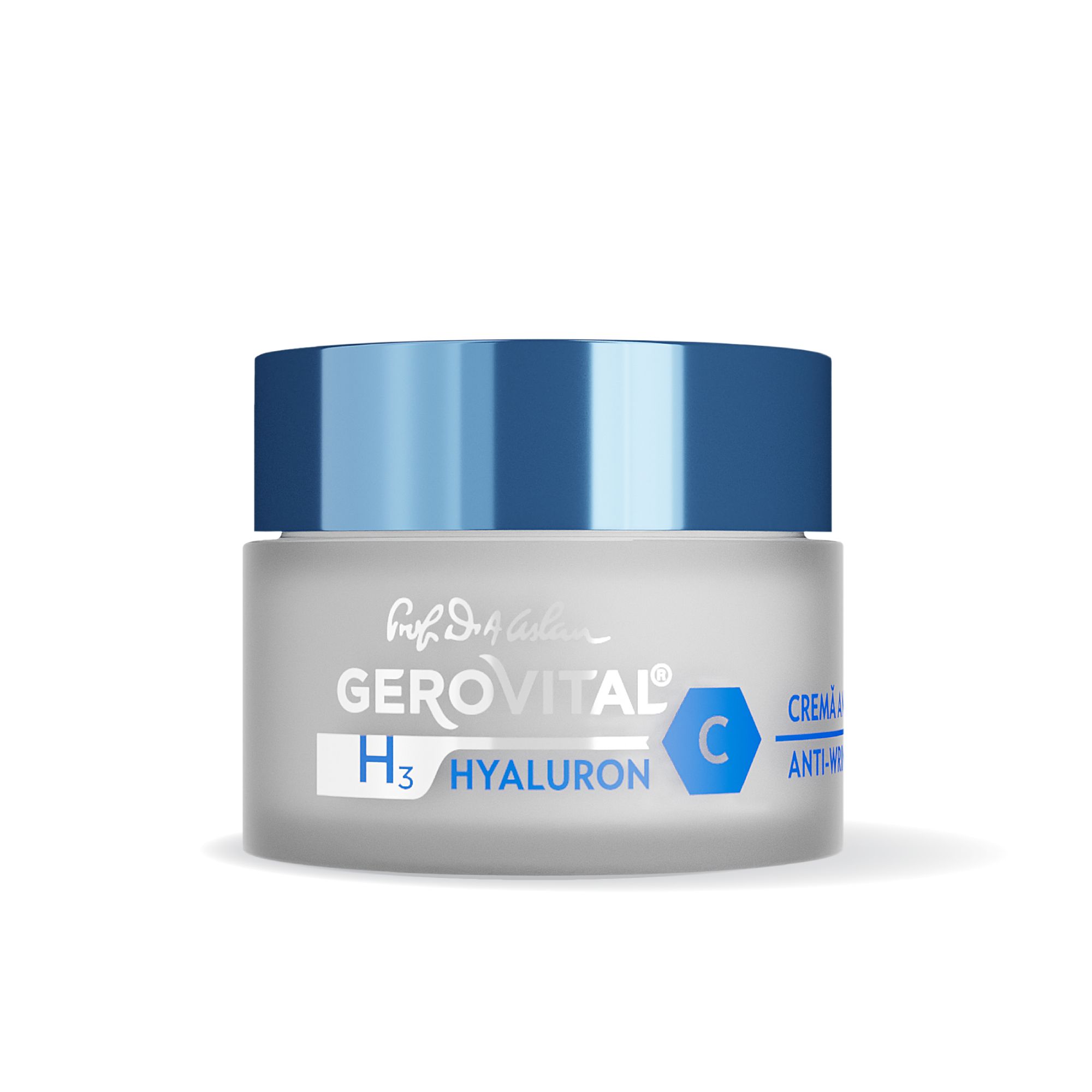 Creme-Tiegel mit blauem Deckel. Aufschrift: Gerovital H3 Hyaluron C. Creme Anti-Falten.