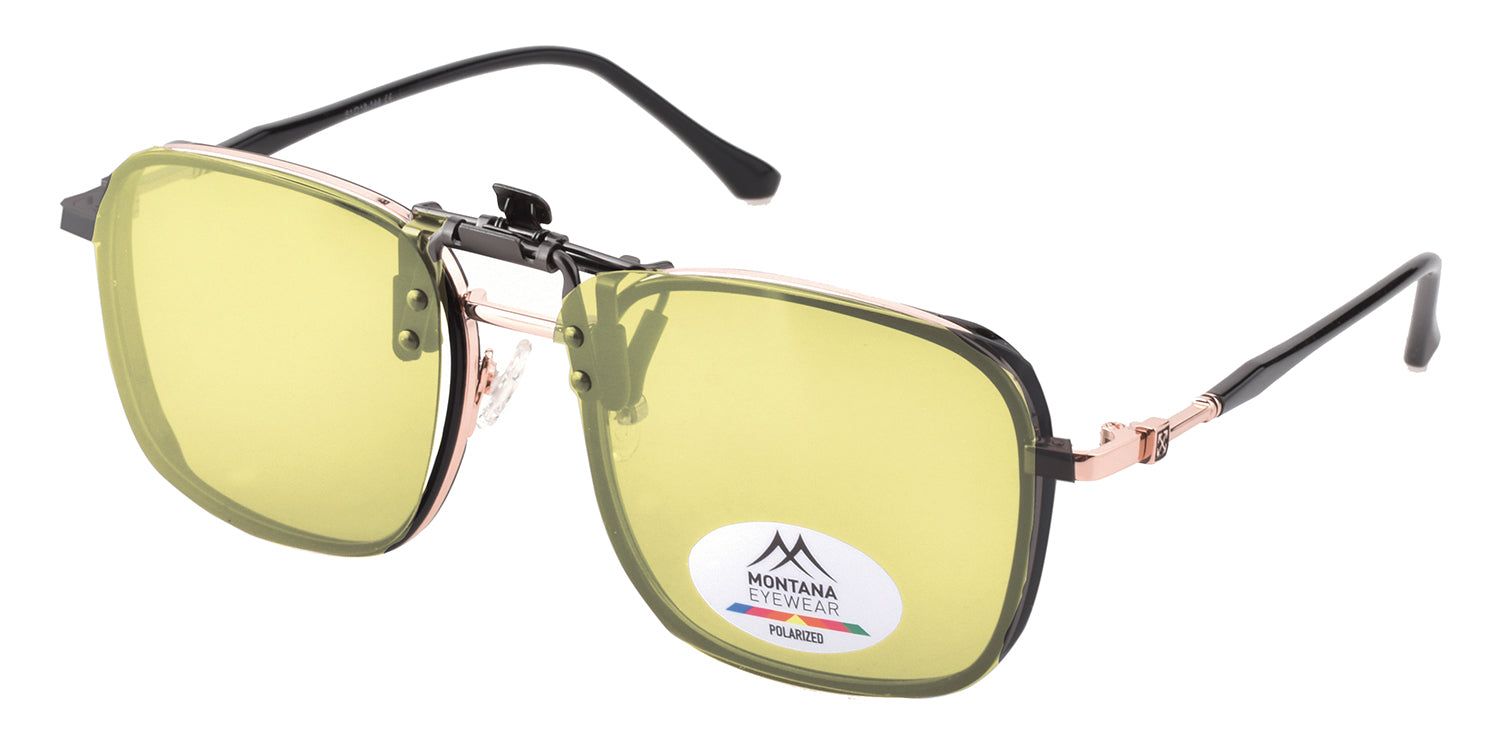 Montana Eyewear Tofino Clip-on-Sonnenbrille, gelbe Gläser, schwarzer Rahmen. Polarized-Logo.