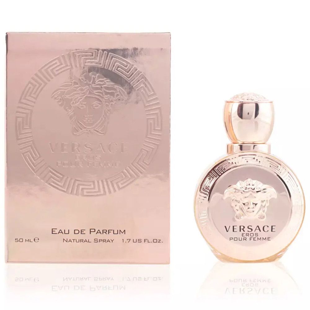 Versace Eros Pour Femme Eau de Parfum Spray. Flakon und Verpackung in Roségold. Logo und Schriftzug auf Flakon und Box.