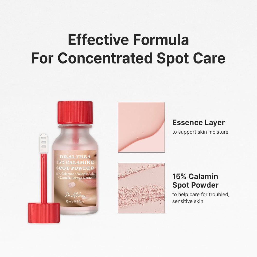 Dr. Althea 15% Calamine Spot Powder Flasche, Applikator und Text.