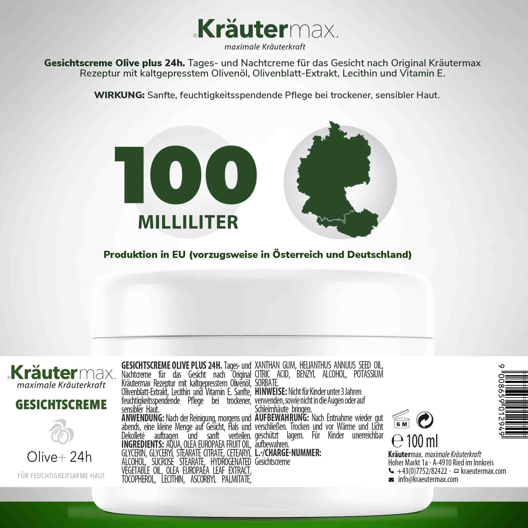 Creme-Dose mit Text: Kräutermax, Gesichtscreme, Olive + 24h. 100 Milliliter. Text über Inhaltsstoffe und Herkunft.