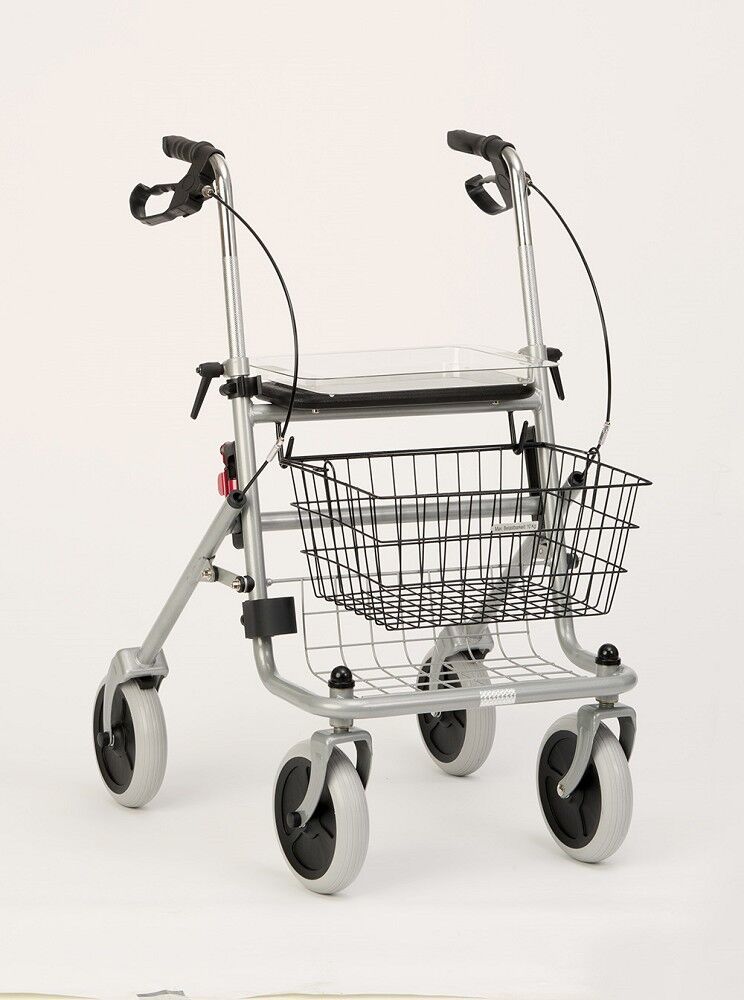 Rollator mit Korb und Tablett. Silberfarbenes Gestell, vier Räder, schwarze Griffe. Tablett und Korb sind sichtbar.