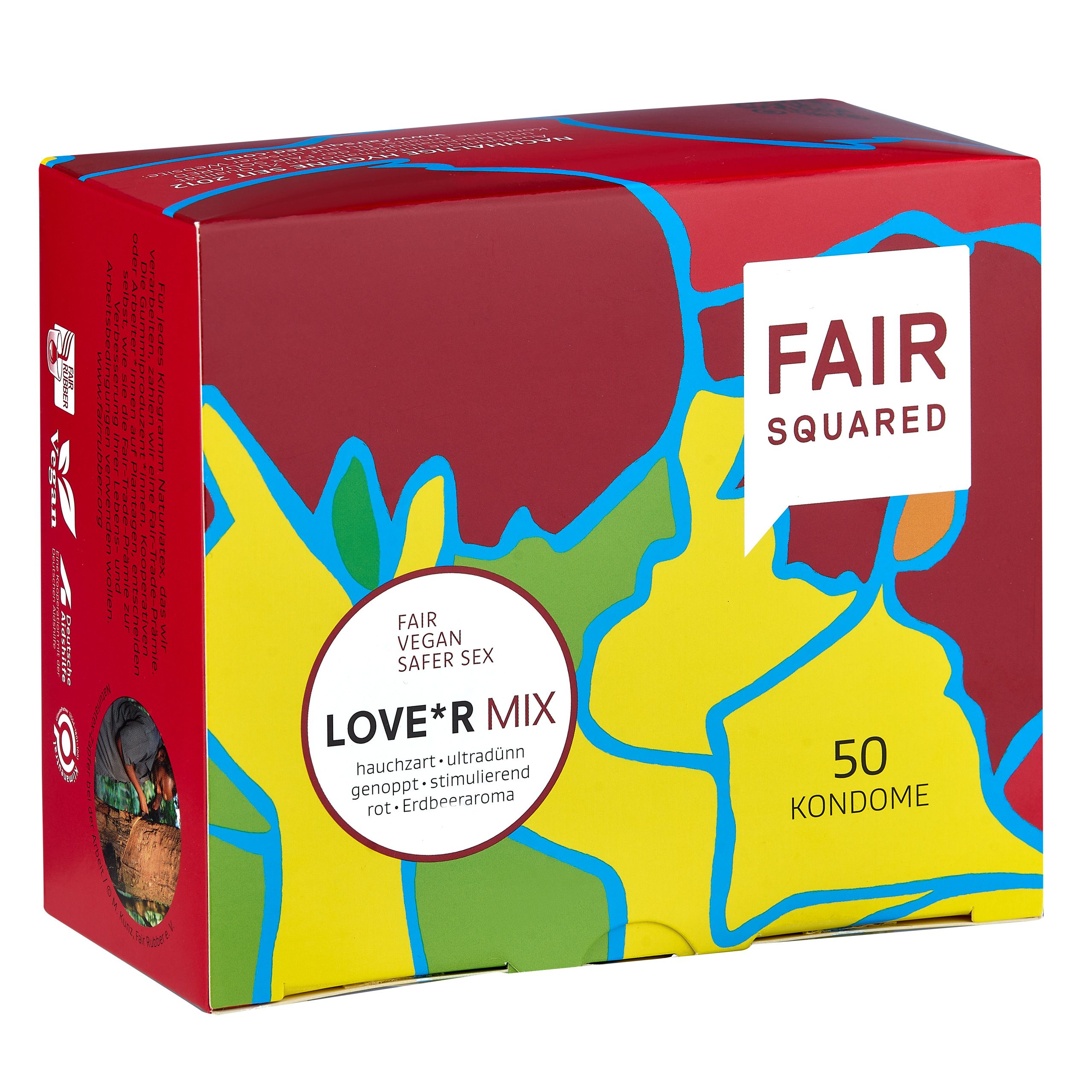 Verpackung mit 50 Kondomen. Aufschrift: FAIR SQUARED, LOVE*R MIX. Vegan, hauchzart, genoppt, Erdbeeraroma.