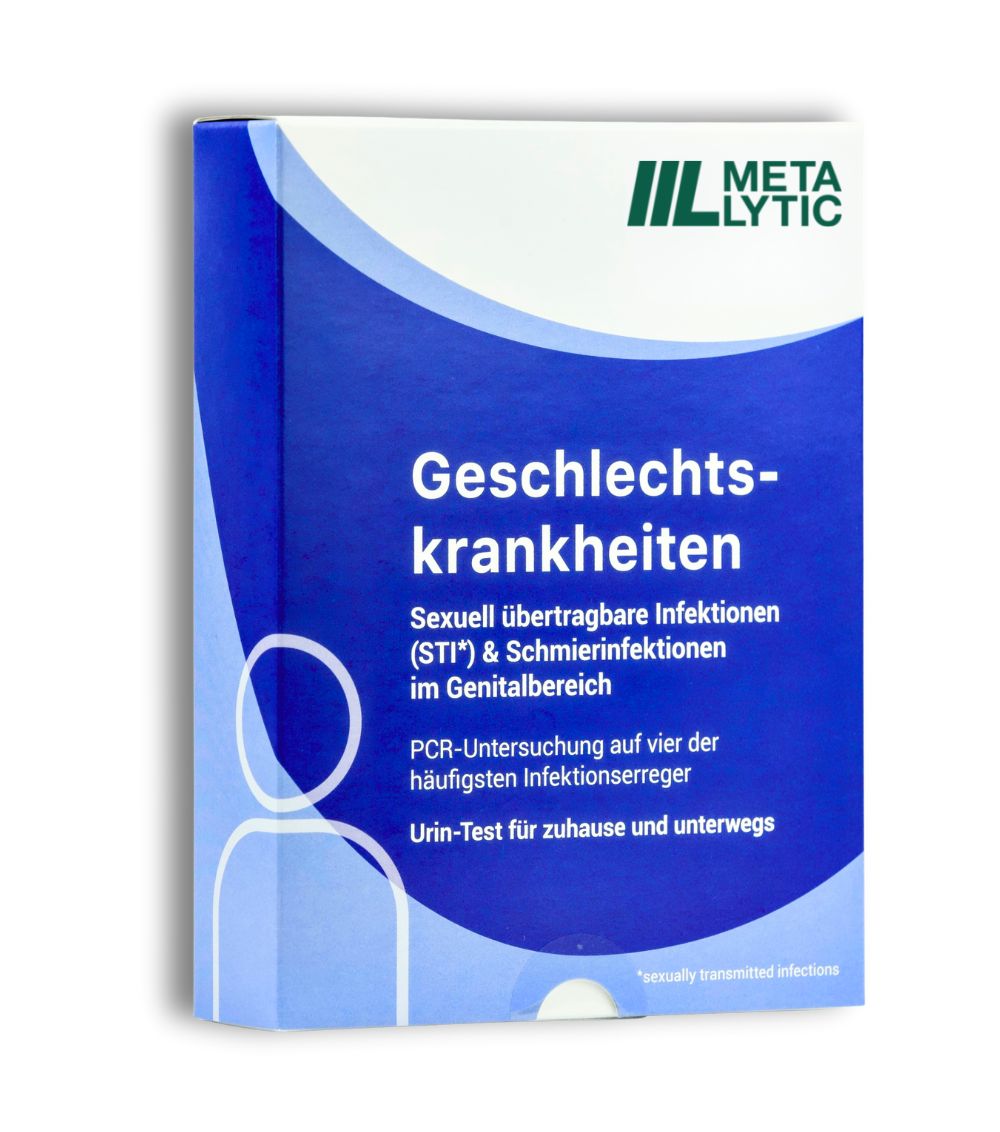 Blau-weiße Verpackung für einen STI-Test. Aufschrift: Geschlechtskrankheiten, PCR-Untersuchung, Urin-Test für zuhause.