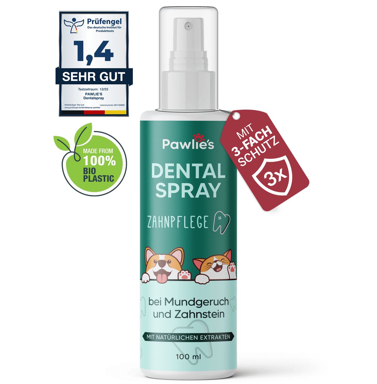 Zahnpflegespray mit Sprühkopf. Aufschrift: Dental Spray, für Hunde und Katzen. Siegel: Sehr gut, 1,4. Label: 100% Bio-Kunststoff.