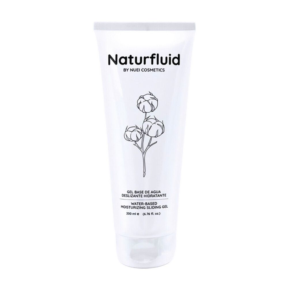 Weiße Tube mit Naturfluid Gleitgel, Baumwollmotiv und Textangaben.