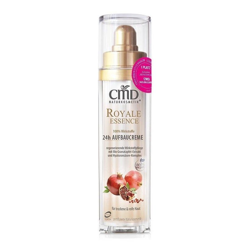 Creme-Flakon mit Dosierpumpe. Aufschrift: CMD Naturkosmetik Royale Essence 24h Aufbauceme. Abbildung von Granatäpfeln. Pinkfarbener Aufkleber.