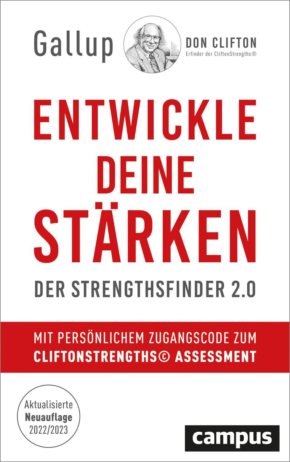 Buchcover mit Titel "Entwickle deine Stärken". Autor: Don Clifton. Verlag: Campus. Mit persönlichem Zugangscode.