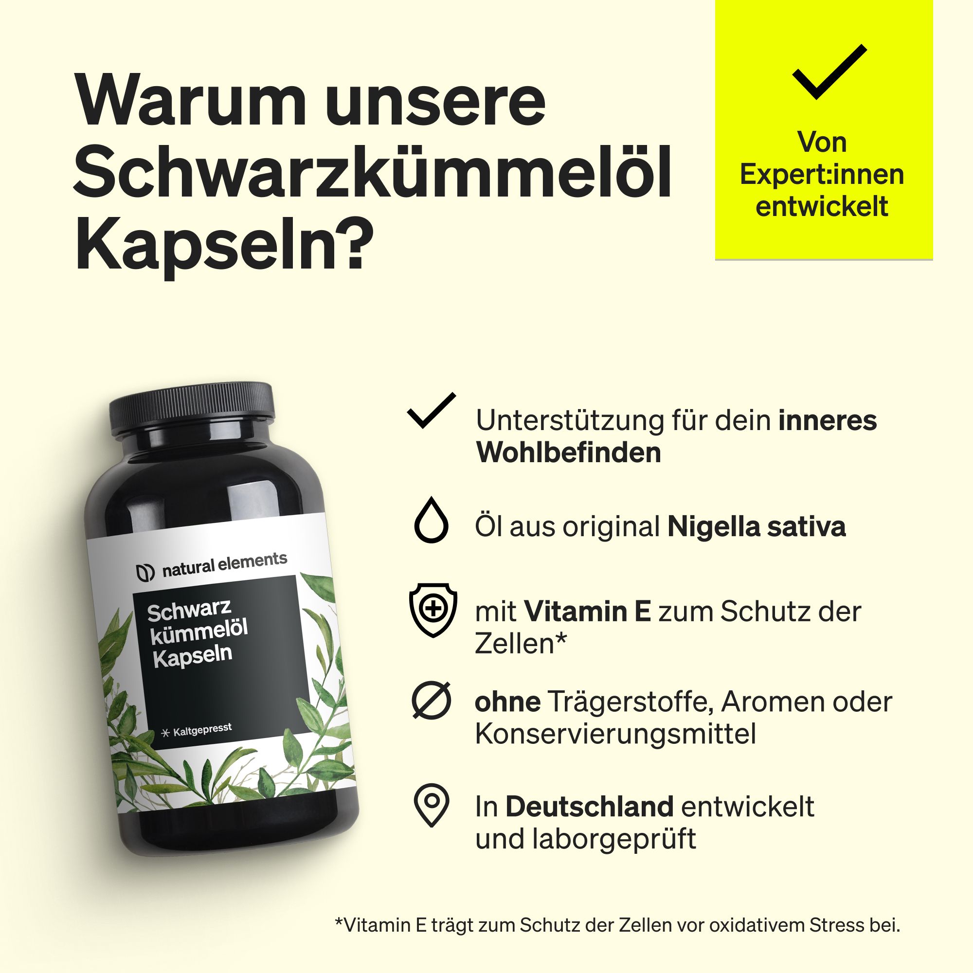 Schwarzer Hintergrund mit gelbem Text. Aufschrift: Warum unsere Schwarzkümmelöl Kapseln? Unterstützung für dein Wohlbefinden.