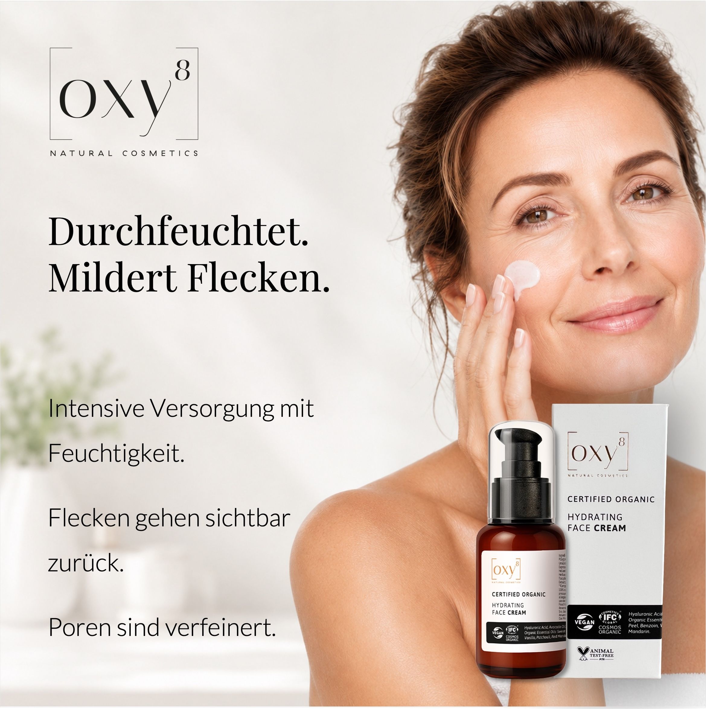 Frau mit Falten: OXY8 Naturkosmetik, intensive Feuchtigkeit, Pigmentflecken werden heller.