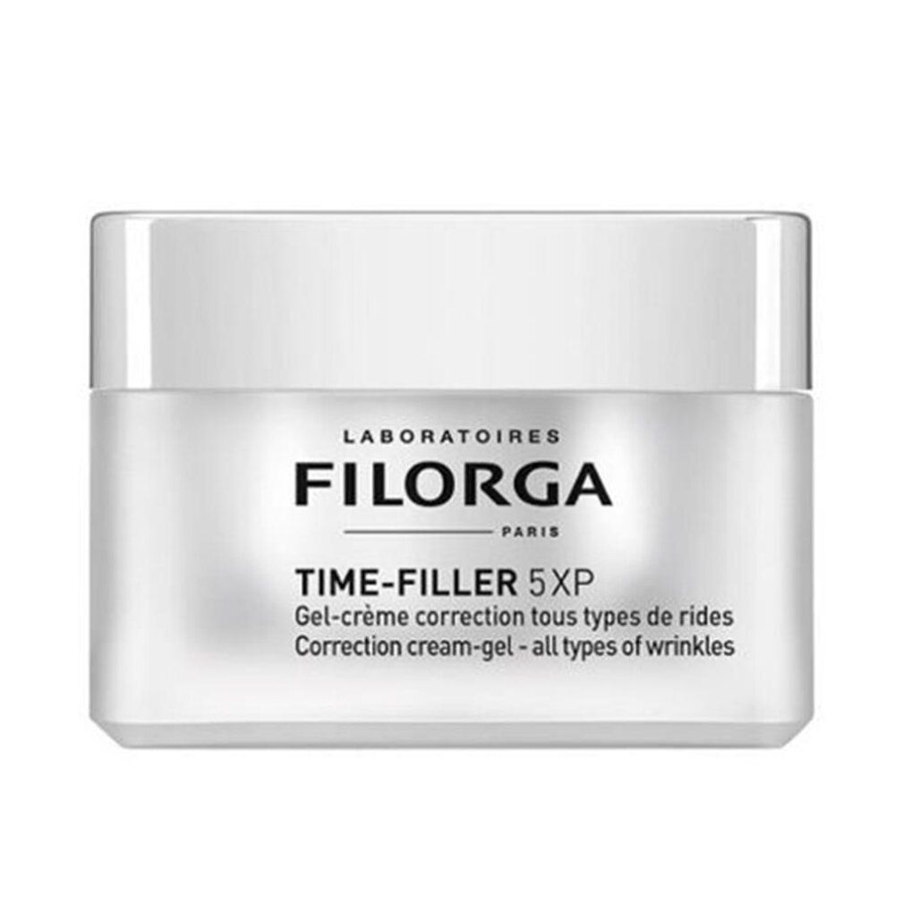 Creme-Gel-Tiegel mit Deckel. Aufschrift: FILORGA, TIME-FILLER 5XP, Gel-crème correction tous types de rides.