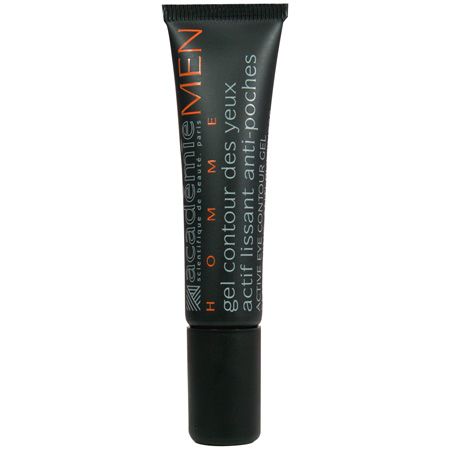 Schwarze Tube mit Produkttext. Aufschrift: Academie Men, Gel Contour des Yeux, actif lissant anti-poches. Schwarzer Deckel.