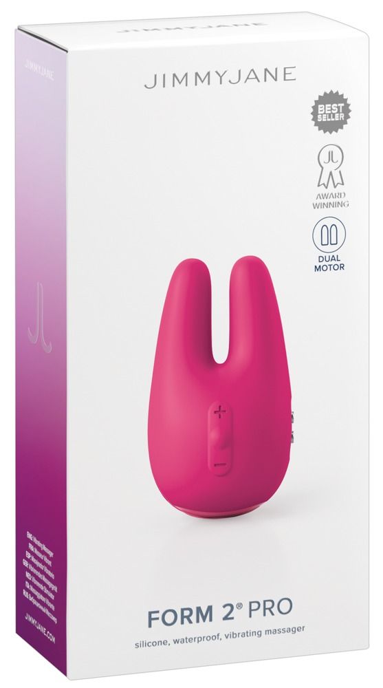 Verpackung mit Produkt. Aufschrift: FORM 2 PRO, Dual Motor, Award Winning. Pinkfarbener Auflegevibrator sichtbar.