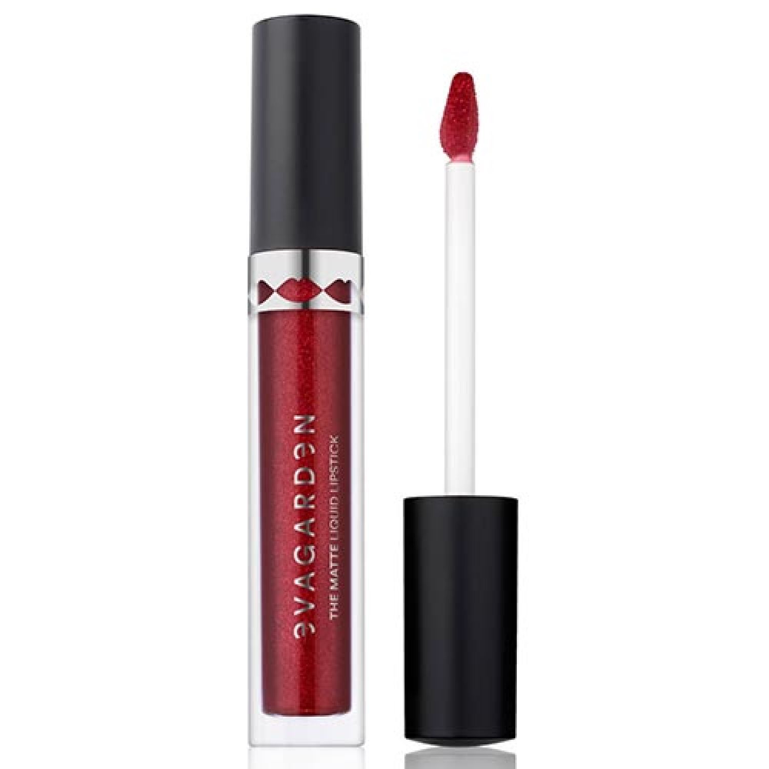 Flüssiger, matter Lippenstift in Rot. Schwarzer Deckel, silberner Ring mit Lippen-Motiv. Aufschrift: EVAGARDEN THE MATTE LIQUID LIPSTICK.