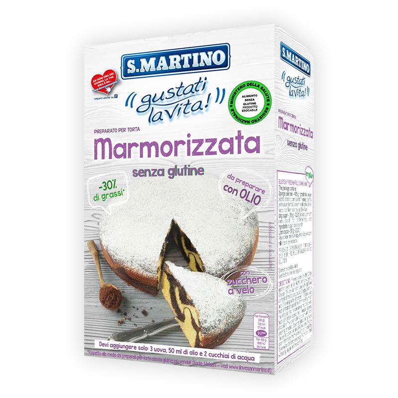 Confezione per torta marmorizzata senza glutine. Marchio S.MARTINO. Scritta: "gustati la vita!". Fetta di torta con zucchero a velo.