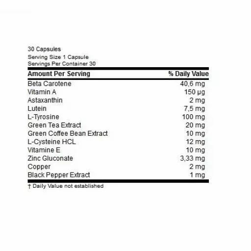 Nahrungsergänzungsmittel-Etikett mit Nährwertangaben. Enthält Beta-Carotin, Vitamin A, Astaxanthin, Lutein, L-Tyrosin, Grüntee-Extrakt.