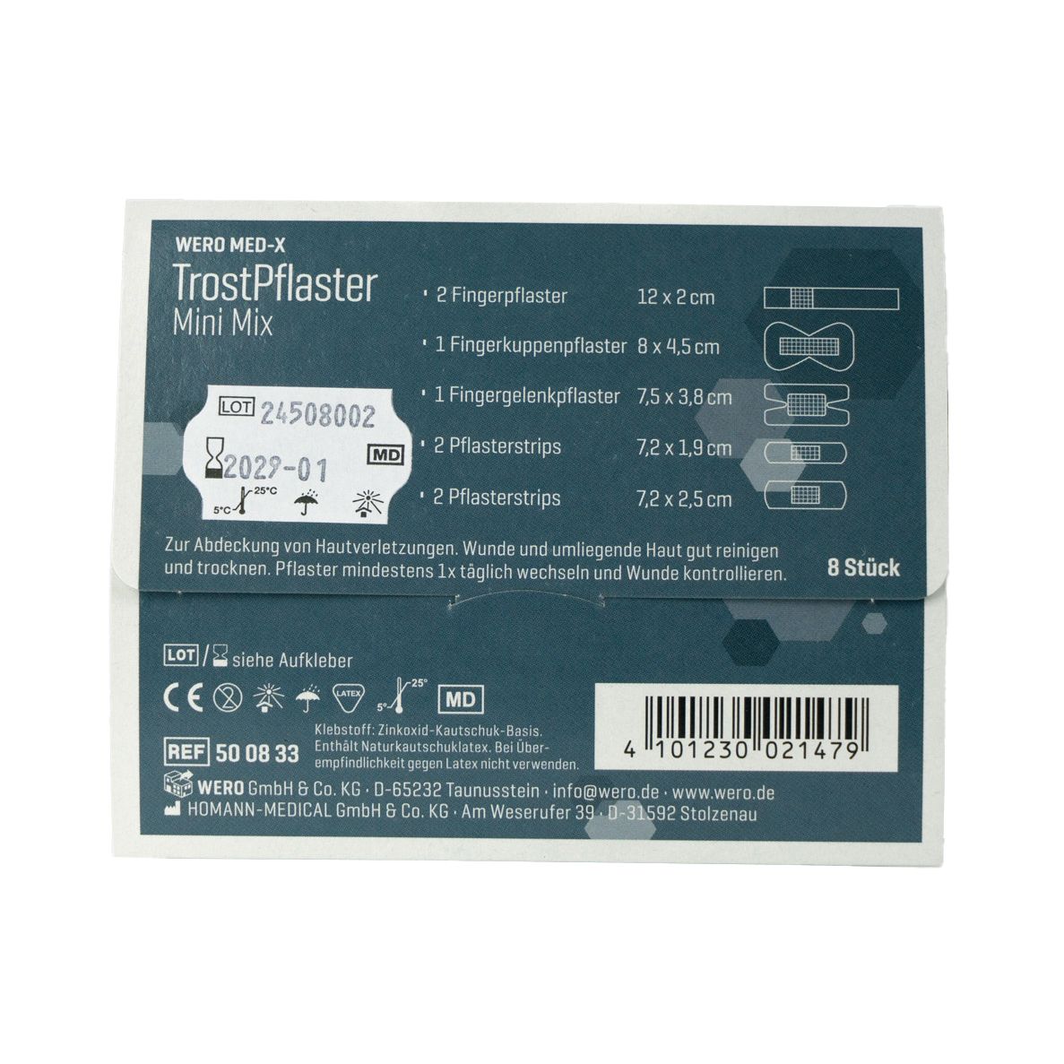 Rückseite der WERO MED-X TrostPflaster Mini Mix Verpackung. Informationen zu Inhaltsstoffen und Chargennummer.