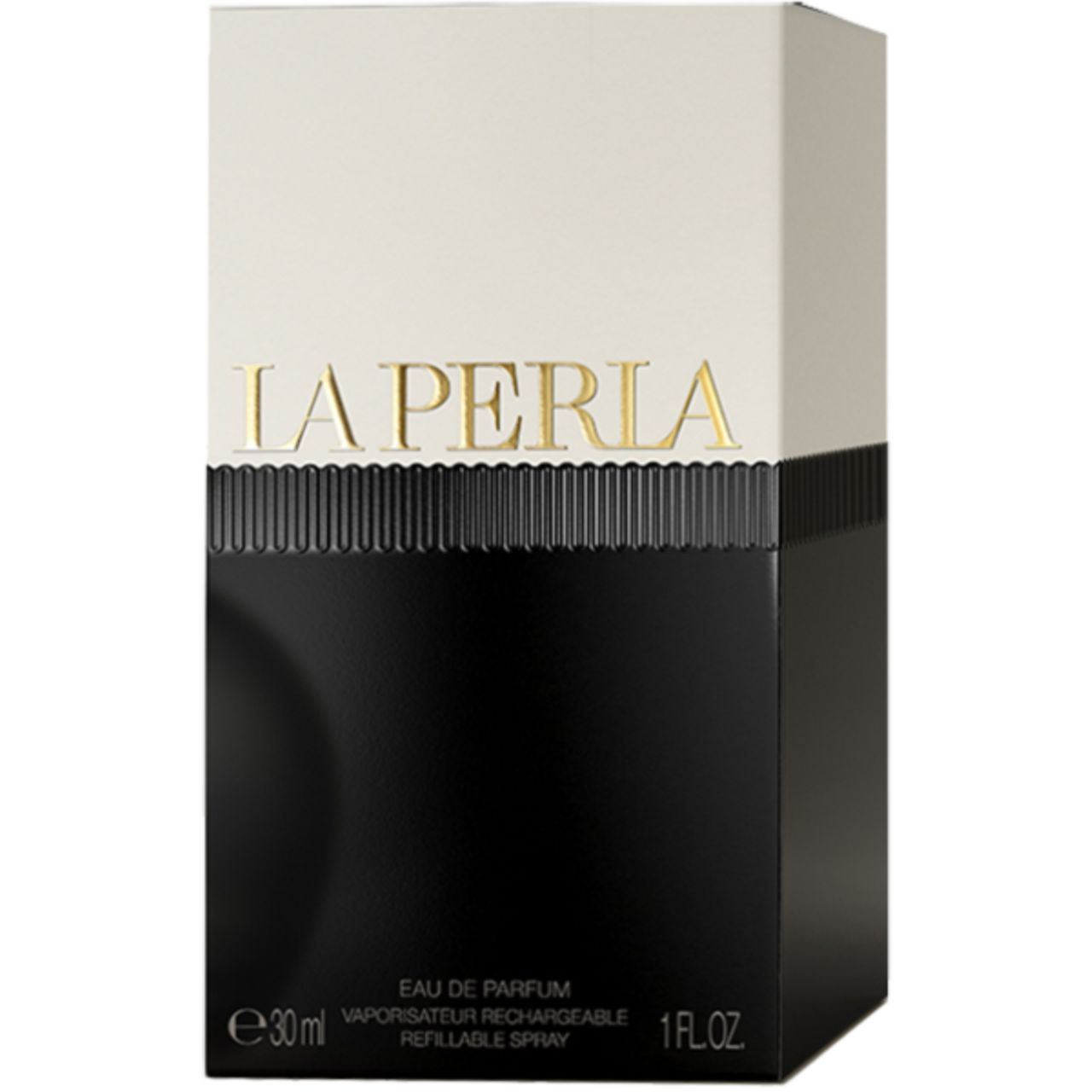 Kartonverpackung mit dem Schriftzug "LA PERLA". Der obere Teil ist cremefarben, der untere schwarz. Text: Eau de Parfum, 1 FL.OZ.