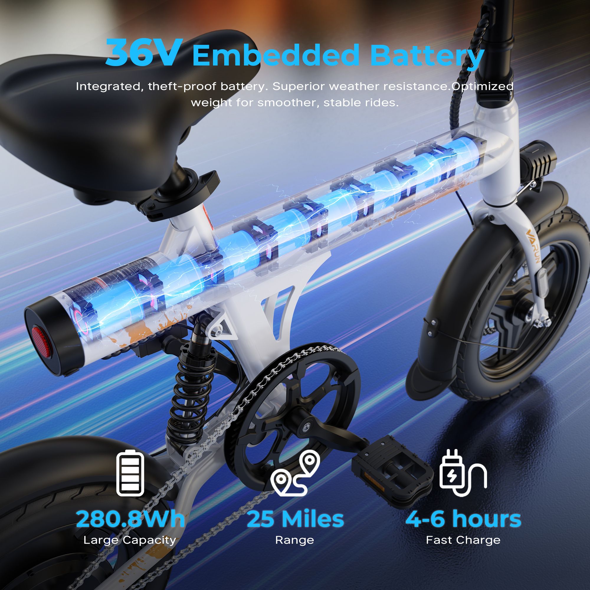 E-Bike mit eingebauter 36V-Batterie. Text: 280.8Wh, 25 Miles, 4-6 hours. Batterie sichtbar. Schwarze und weiße Elemente.