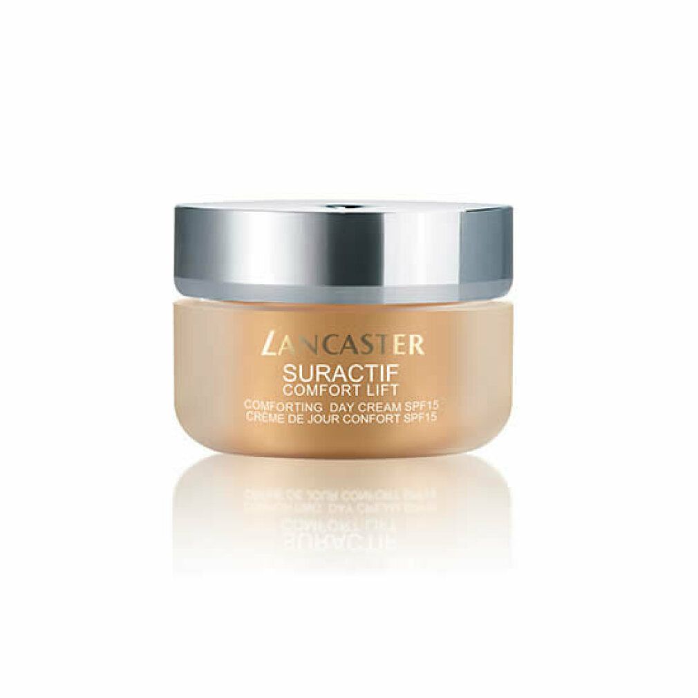 Vaso di crema con coperchio argentato. Scritta: Lancaster, Suractif Comfort Lift, Comforting Day Cream SPF15.