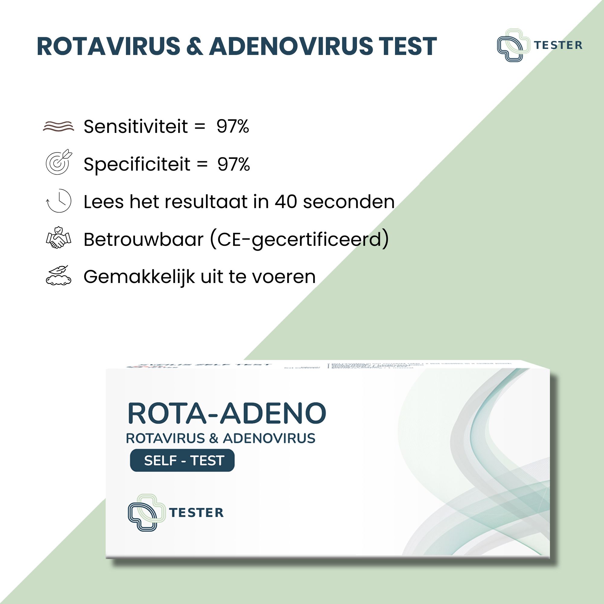 Infografik zum Rota-Adeno-Test. Zeigt Sensitivität, Spezifität, Ergebniszeit, CE-Zertifizierung und einfache Anwendung. Logo: Tester.