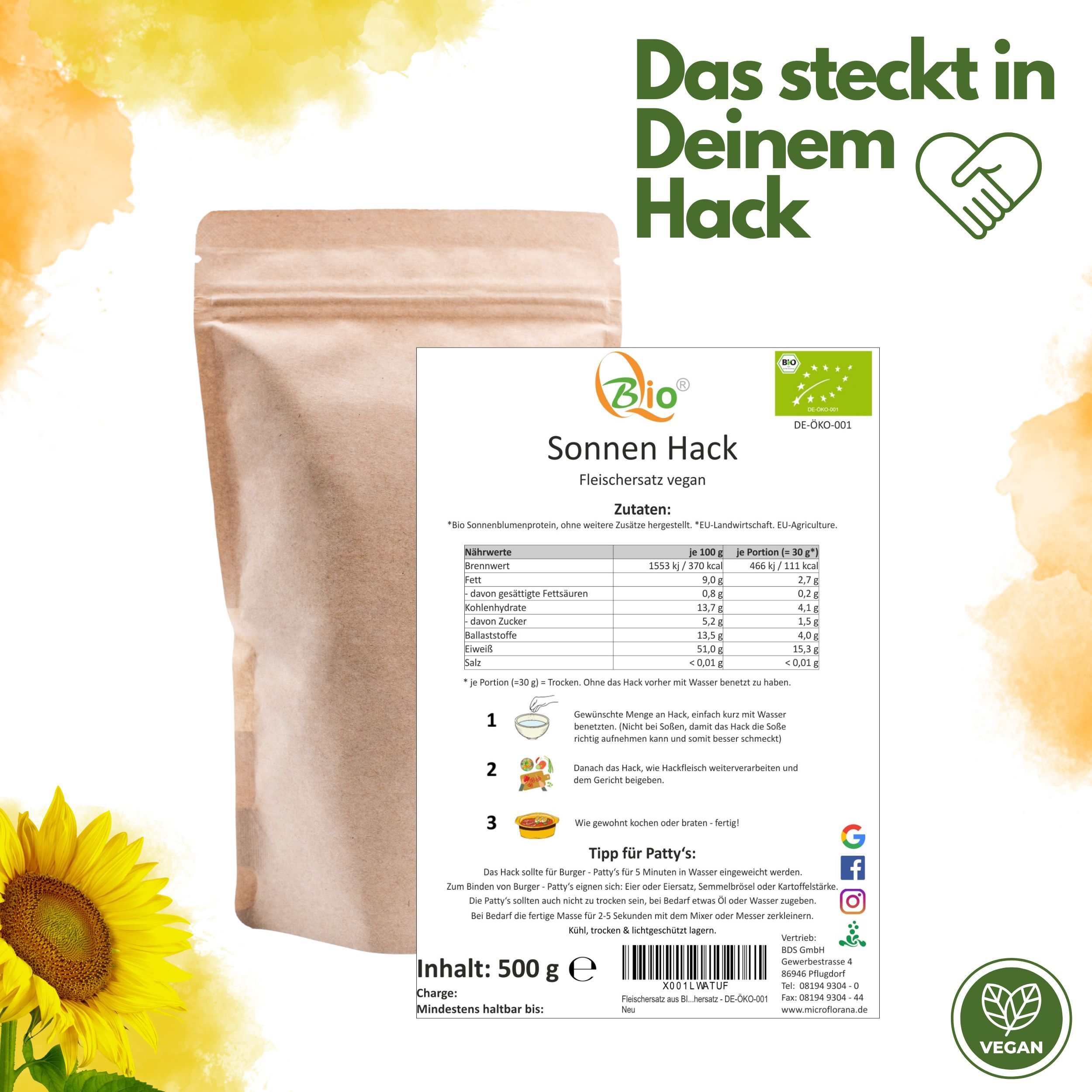 Bio Fleischersatz - veganer Hackfleischersatz aus Sonnenblumen - Sonnen Hack - geprüfte Qualität