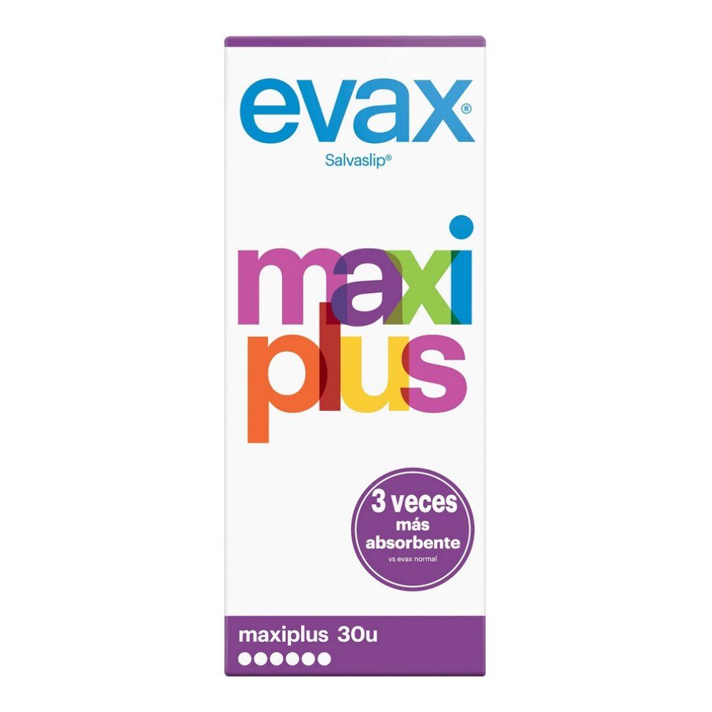 Verpackung von Evax Maxiplus Slipeinlagen. Aufschrift: evax, maxi plus, 30u. 3 mal saugfähiger.