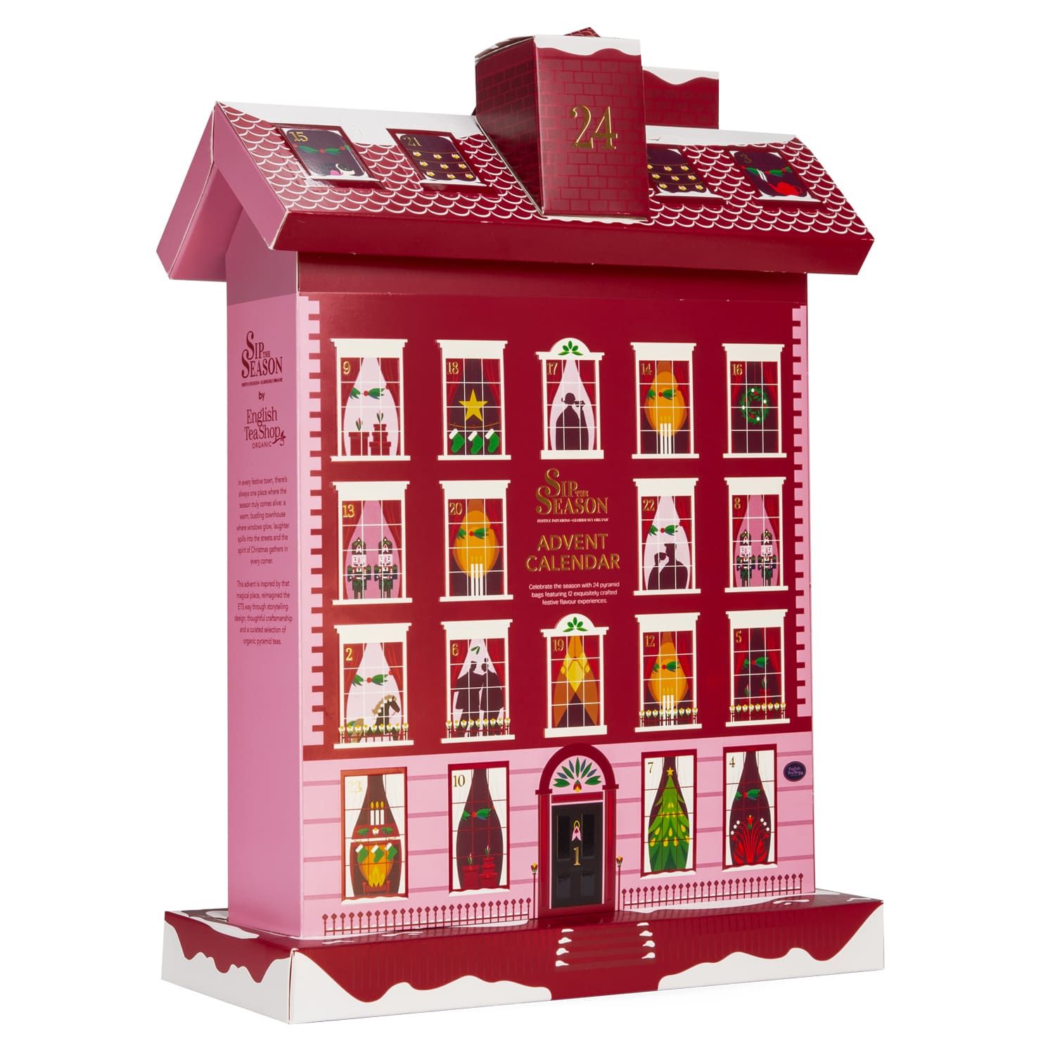 Roter Adventskalender in Hausform mit 24 nummerierten Fenstern, auf einer weißen Basis mit Schneedekor.