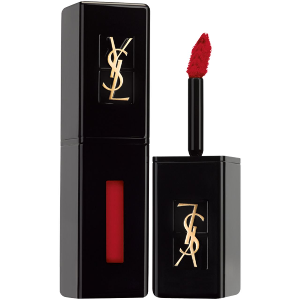 Schwarzer Lippenstiftbehälter mit goldenem Logo. Roter Applikator. Geöffnet, Applikator sichtbar.