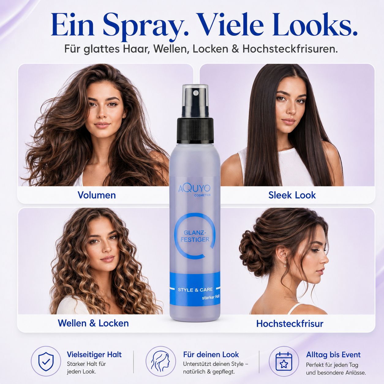 Collage verschiedener Frisuren mit Haarfestiger. "Ein Spray. Viele Looks."