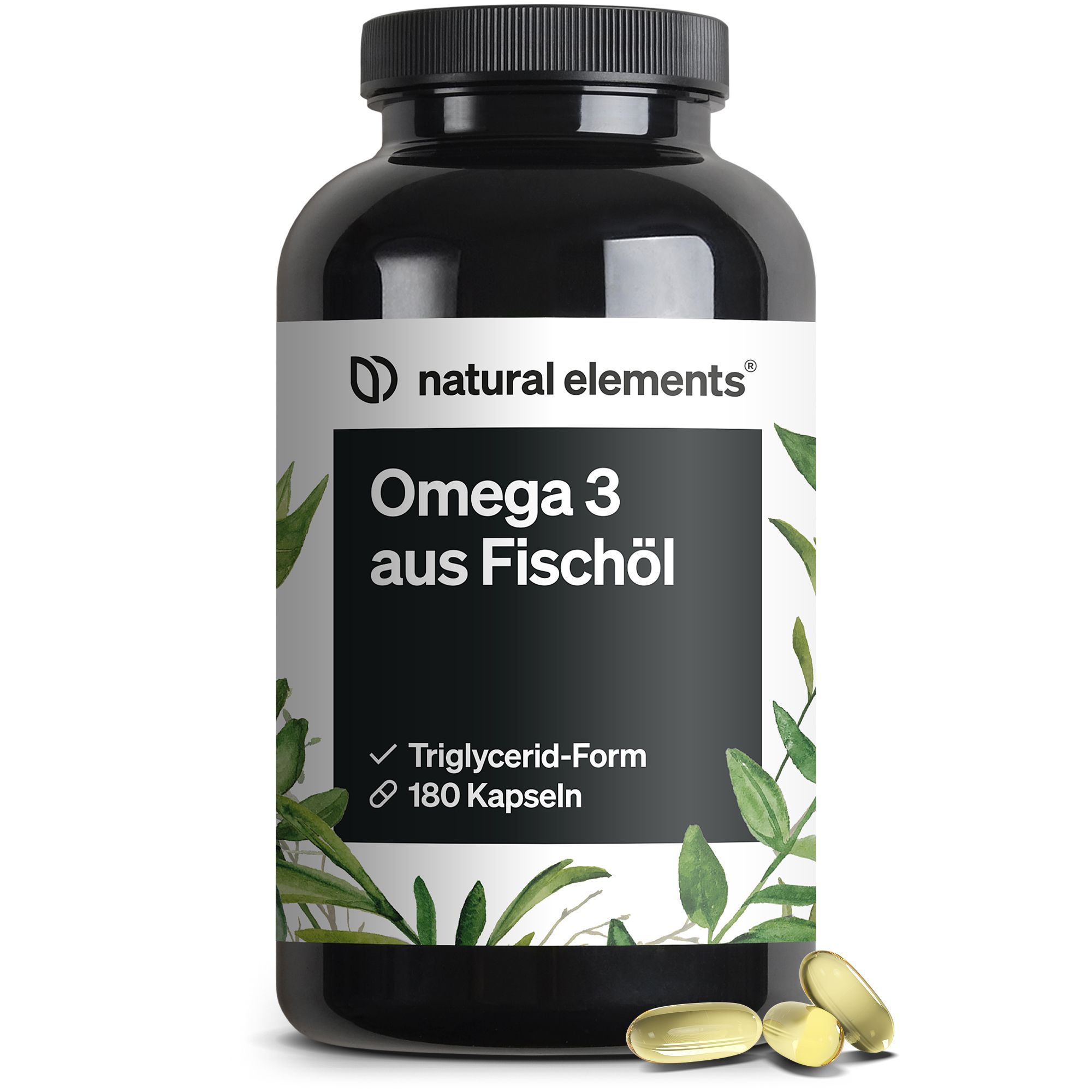 Schwarze Flasche mit Kapseln. Text: Omega 3 aus Fischöl. Logo: natural elements. Kapseln.
